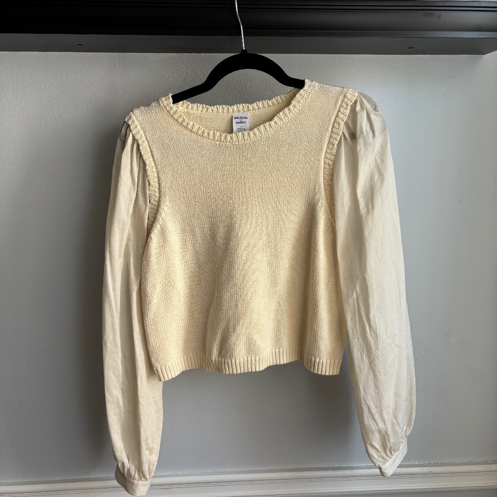Melrose and Market Cream Knit Blouse with Sheer Sleeves. Size Small.